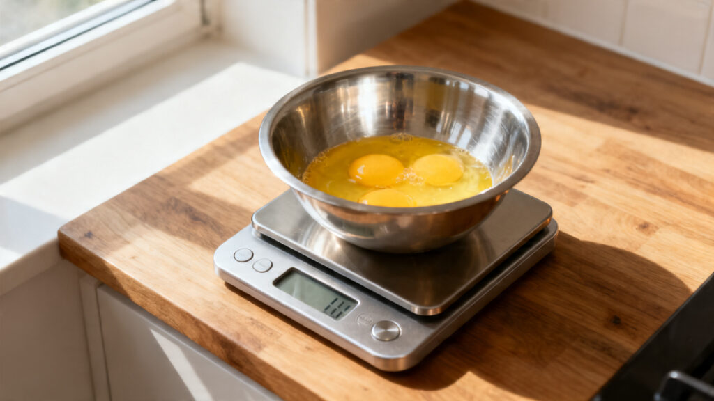 Bol d’œufs battus pesé à 100 g sur une balance