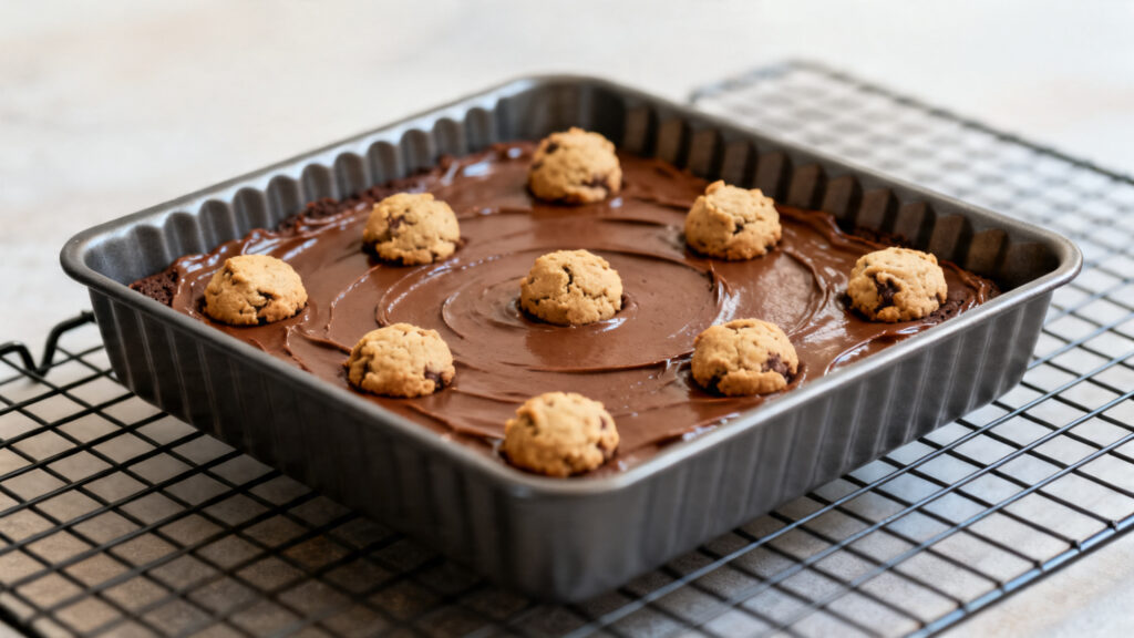 Noisettes de pâte à cookie sur couche de brownie crue