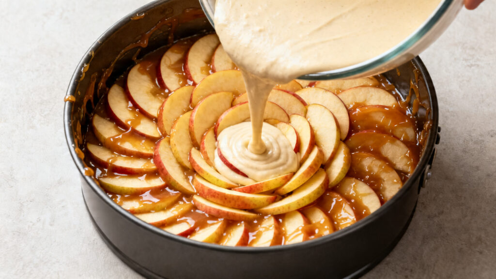 Assemblage du gâteau renversé aux pommes avant cuisson