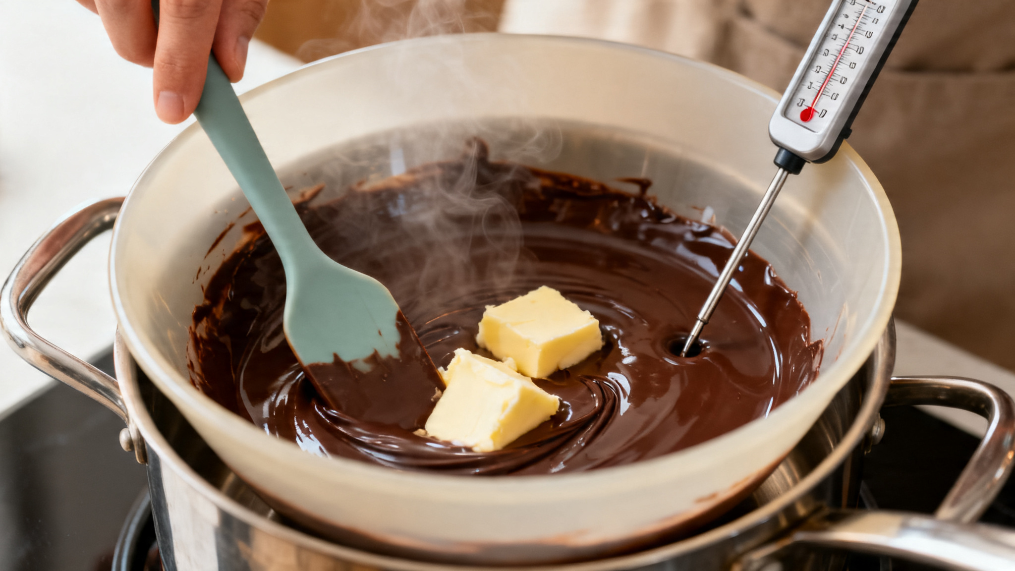 Fonte chocolat-beurre contrôlée au bain-marie Fonte chocolat et beurre au bain-marie vers 45-50 °C