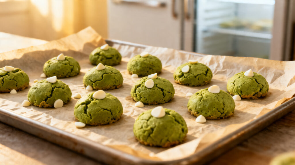 Boules de pâte à cookies matcha sur plaque de cuisson