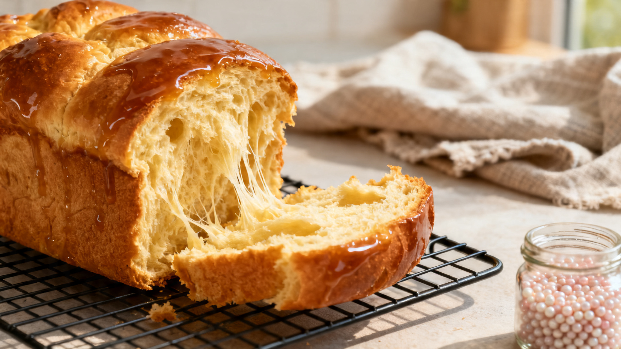 Brioche maison facile, mie filante et brillante sur grille