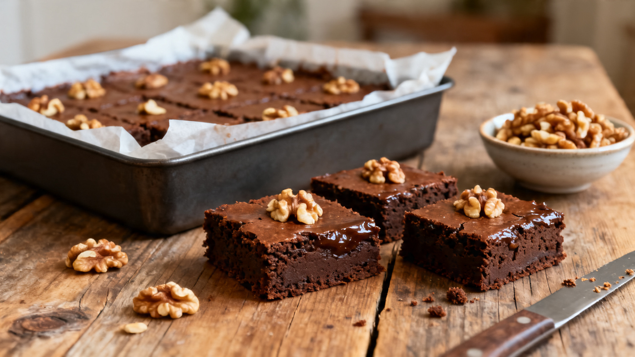 Carrés de brownie aux noix moelleux, résultat d’une recette de brownie aux noix