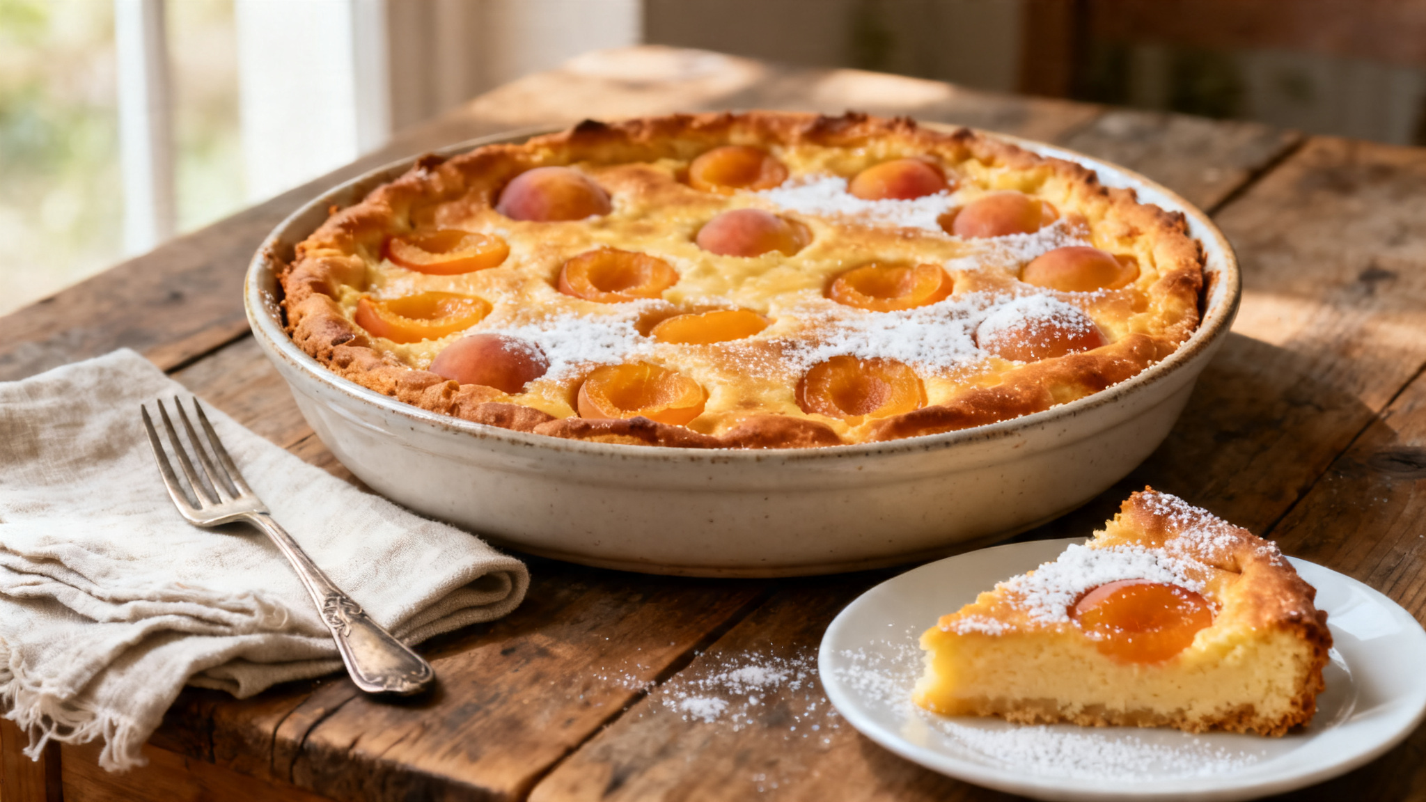 Clafoutis aux abricots doré en plat céramique, part fondante