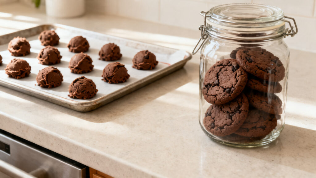 Congélation pâte à cookies et boîte hermétique de cookies