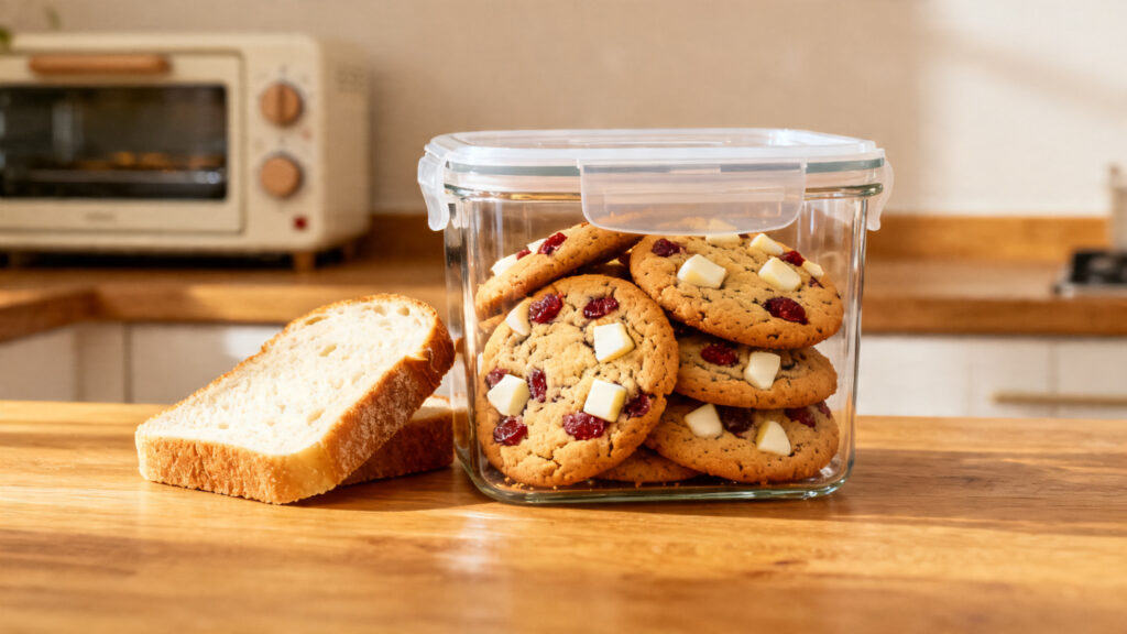 Cookies dans boîte hermétique avec tranche de pain pour moelleux