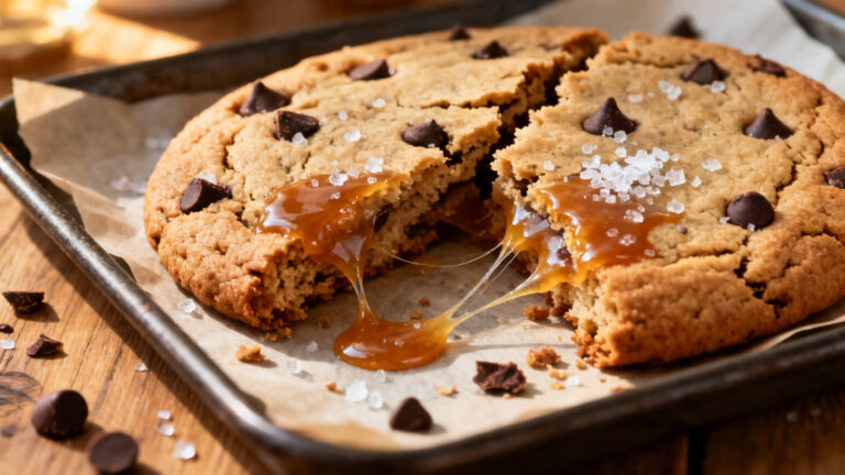 Résultat de la recette de cookie au caramel au beurre salé, cœur coulant