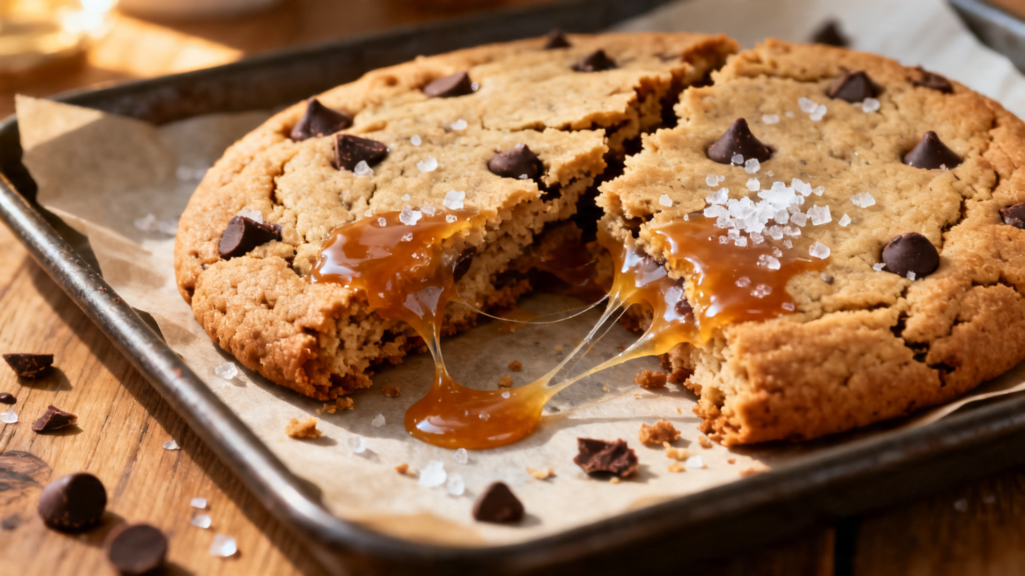 Résultat de la recette de cookie au caramel au beurre salé, cœur coulant