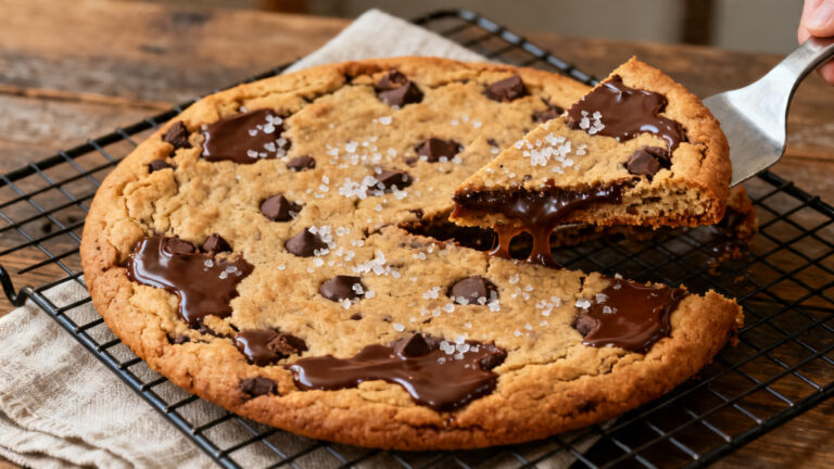 Cookie géant aux pépites de chocolat moelleux sur grille, part découpée