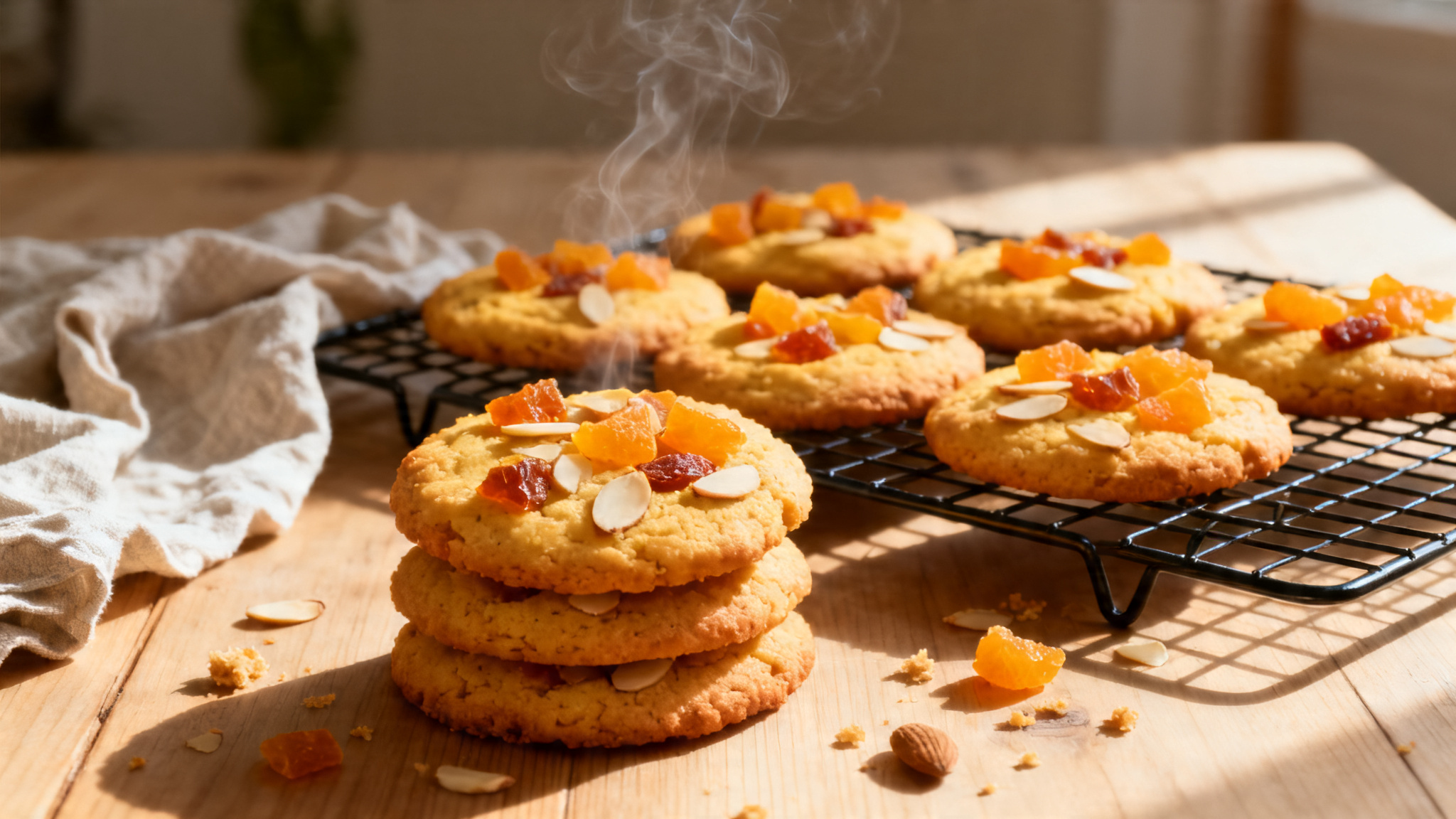 Cookies abricots et amandes dorés sur grille, cœur moelleux