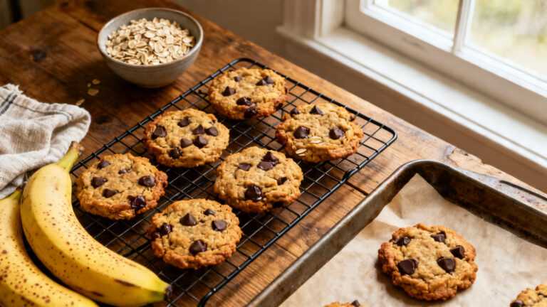 Cookies banane avoine dorés avec pépites, sur grille