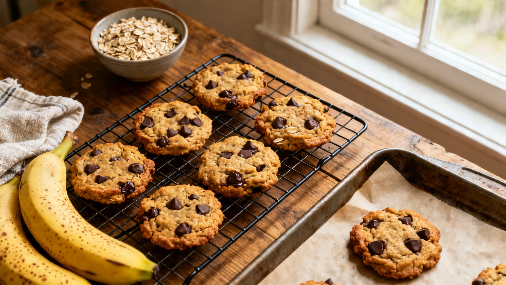 Cookies banane avoine dorés avec pépites, sur grille