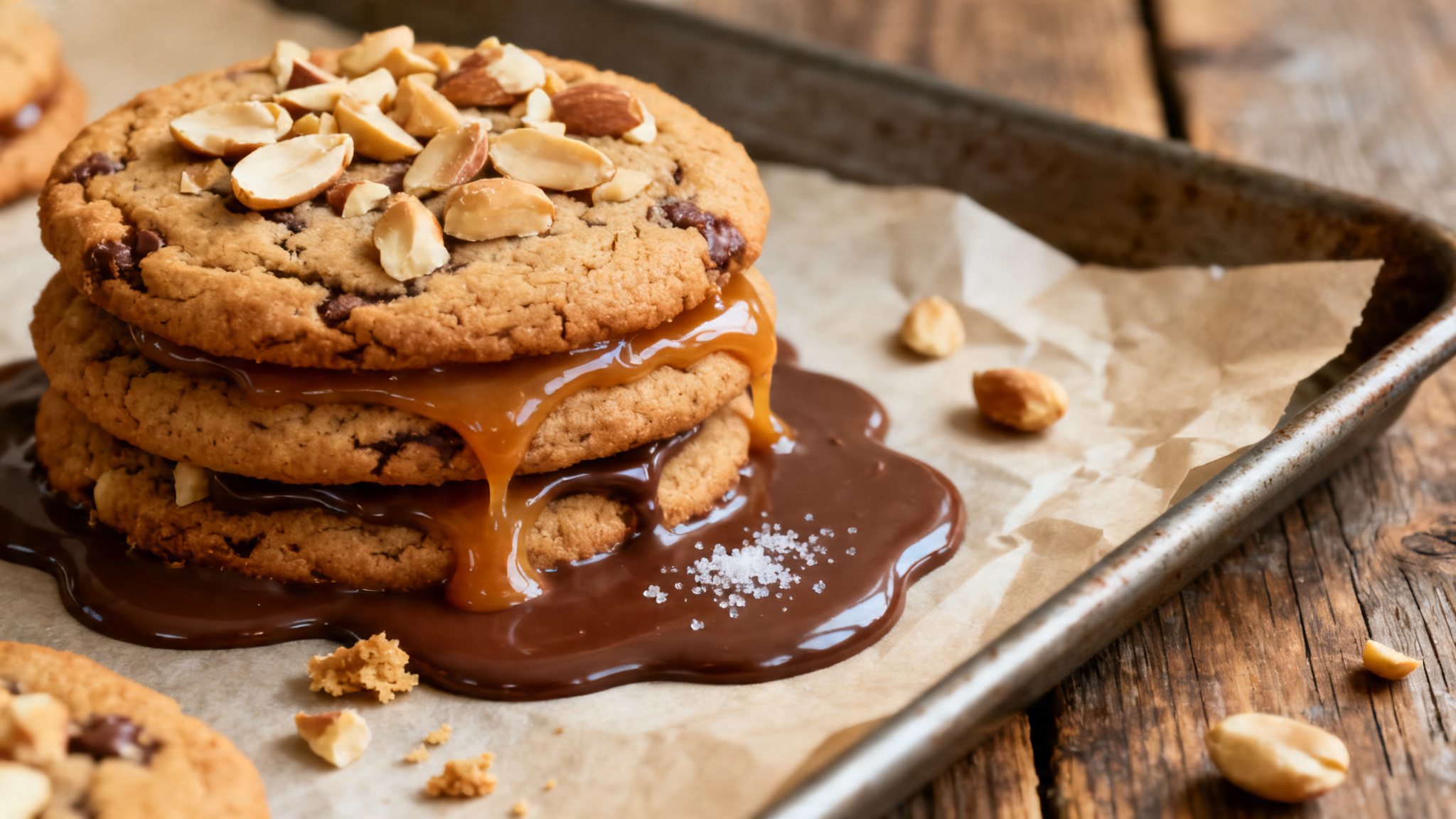 Cookies cacahuète, caramel et chocolat au lait dorés et coulants