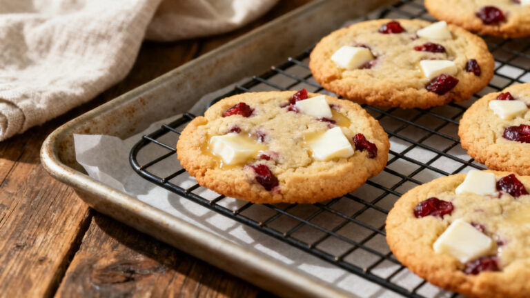 Recette de cookies au chocolat blanc et cranberries, bords dorés et cœur tendre