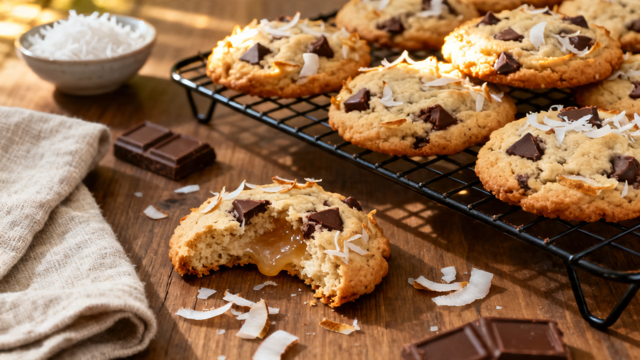 Cookies noix de coco et chocolat, bords dorés et centre moelleux