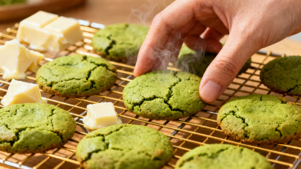 Cookies matcha chocolat blanc refroidissant sur grille, bords pris