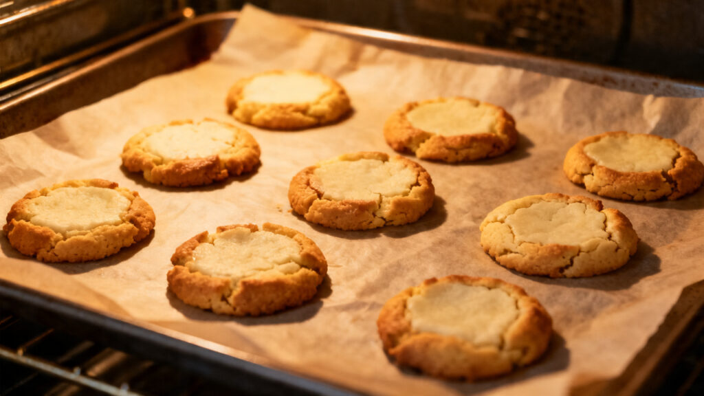 Cookies protéinés dorés aux bords, centres encore pâles