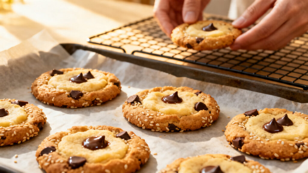 Cookies sésame tahini aux bords dorés et centre fondant
