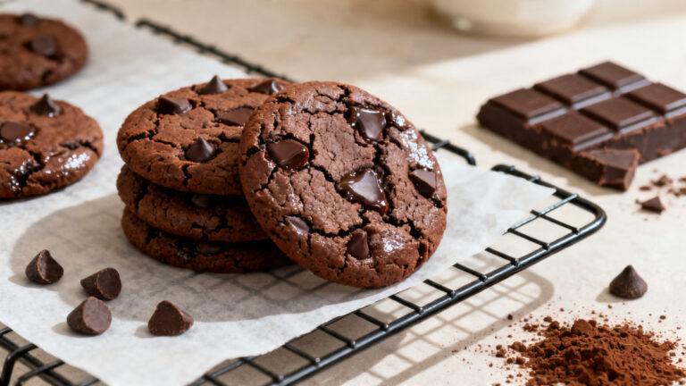 Cookies tout chocolat aux pépites fondantes sur grille