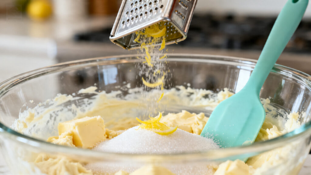 Beurre et sucres crémés, zeste de citron ajouté pour parfumer