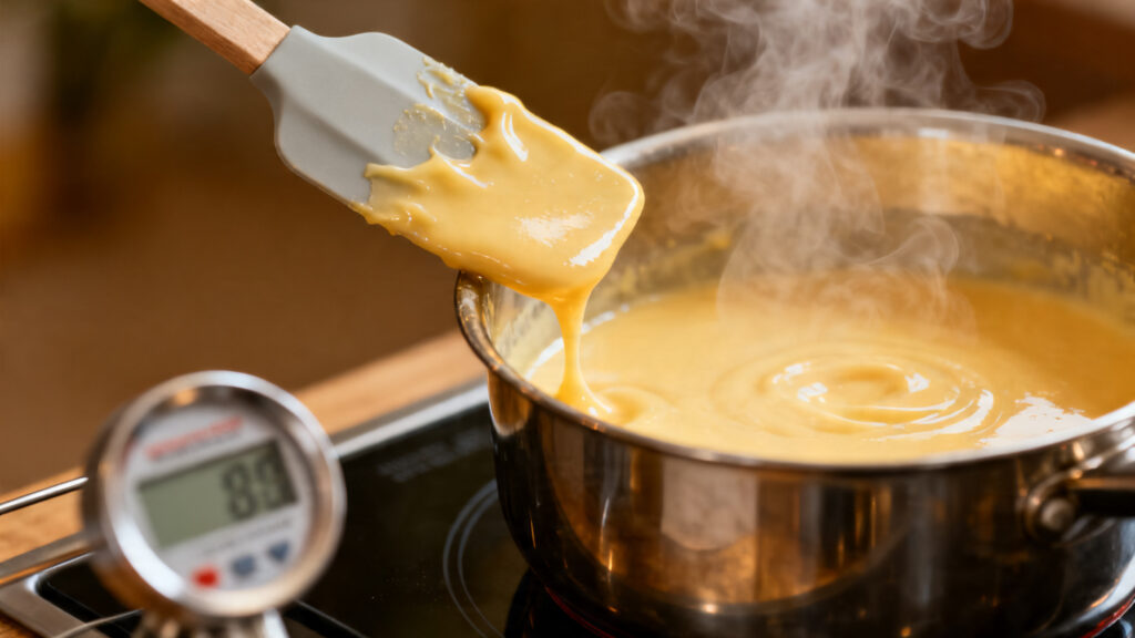 Test de la nappe sur spatule pour crème anglaise pistache