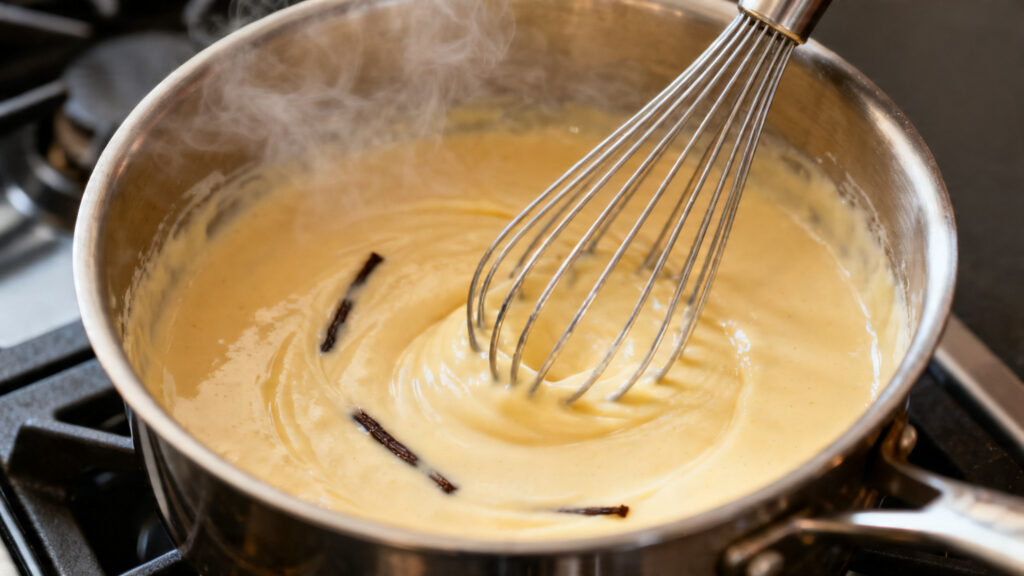 Crème pâtissière lisse en casserole, vanille visible