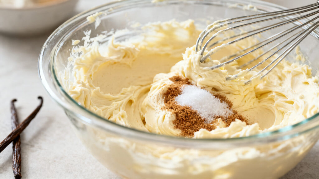 Beurre mou, cassonade et sucre blanc crémés