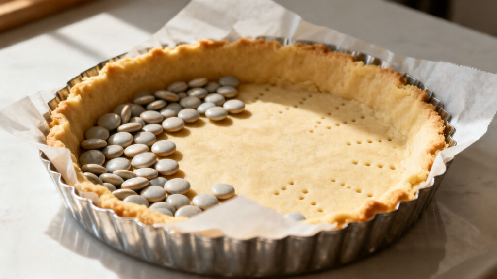 Pâte sablée foncée avec papier et billes de cuisson