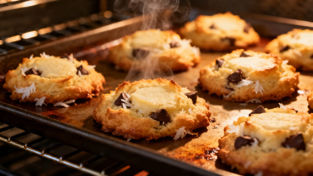 Cookies coco chocolat aux bords dorés et centre pâle