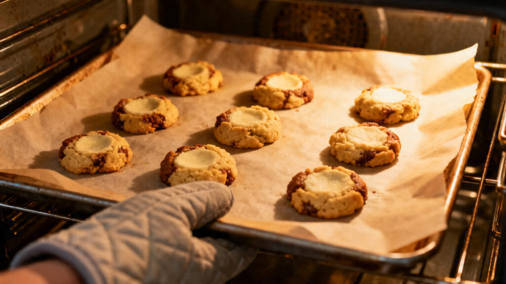 Cookies en cuisson à 180 °C, bords pris et centre pâle