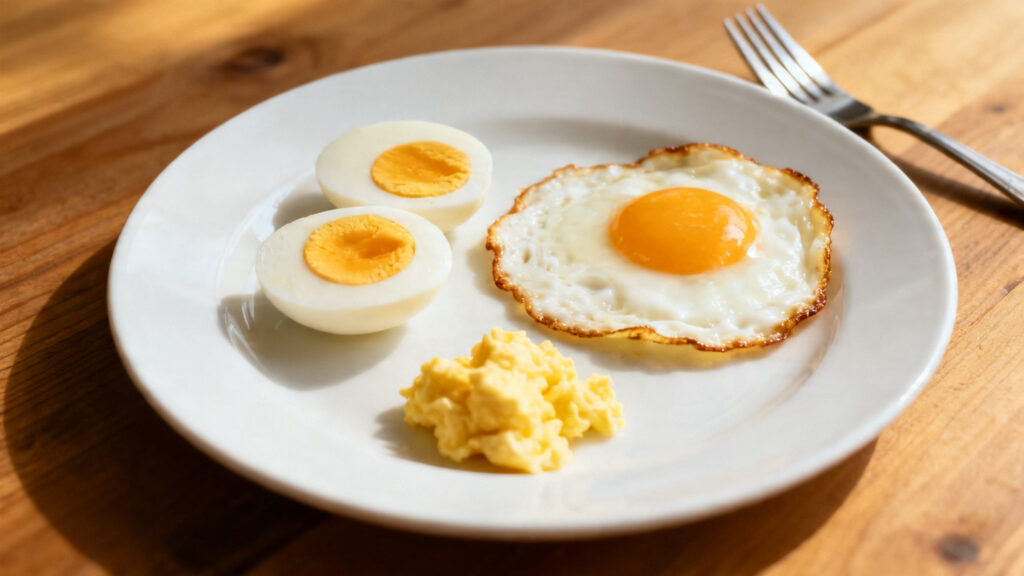 Œuf dur, œuf au plat et brouillés pour illustrer la cuisson
