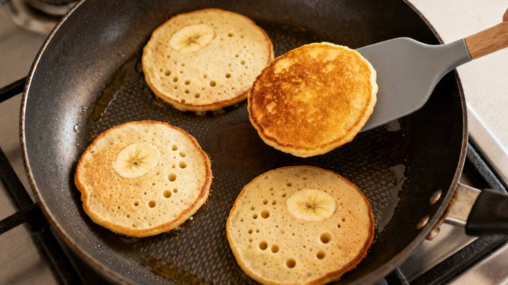 Pancakes banane en poêle antiadhésive, bulles et bords mats visibles