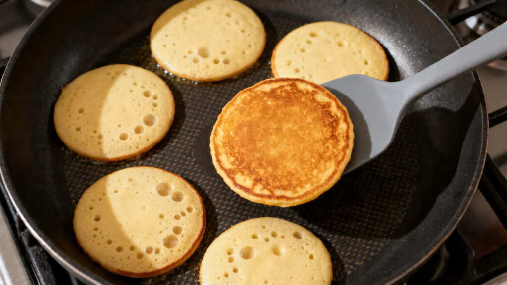 Bulles en surface, cuisson à feu moyen pour pancakes minute