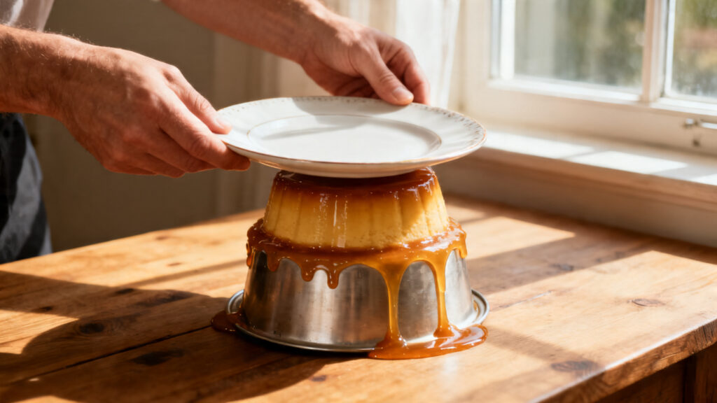 Démoulage du flan, caramel brillant qui nappe