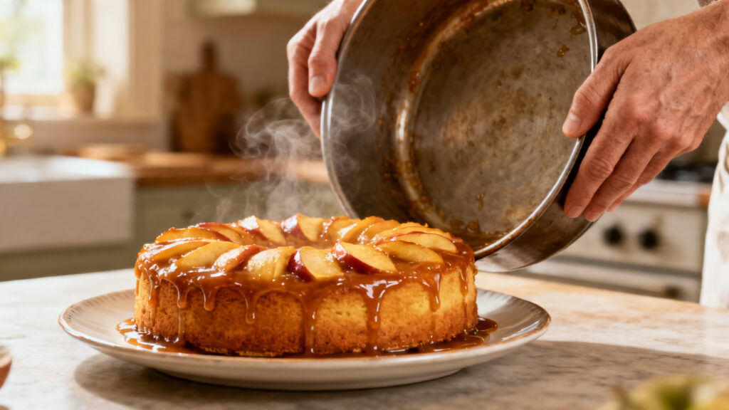 Démoulage du gâteau renversé aux pommes, caramel brillant