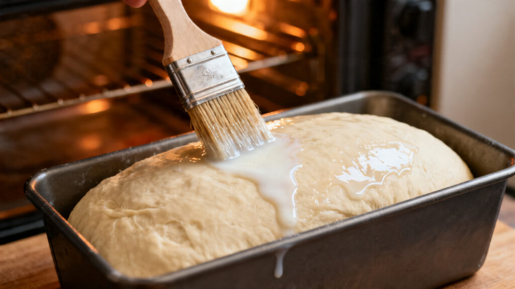 Dorure au lait appliquée sur pain de mie avant cuisson