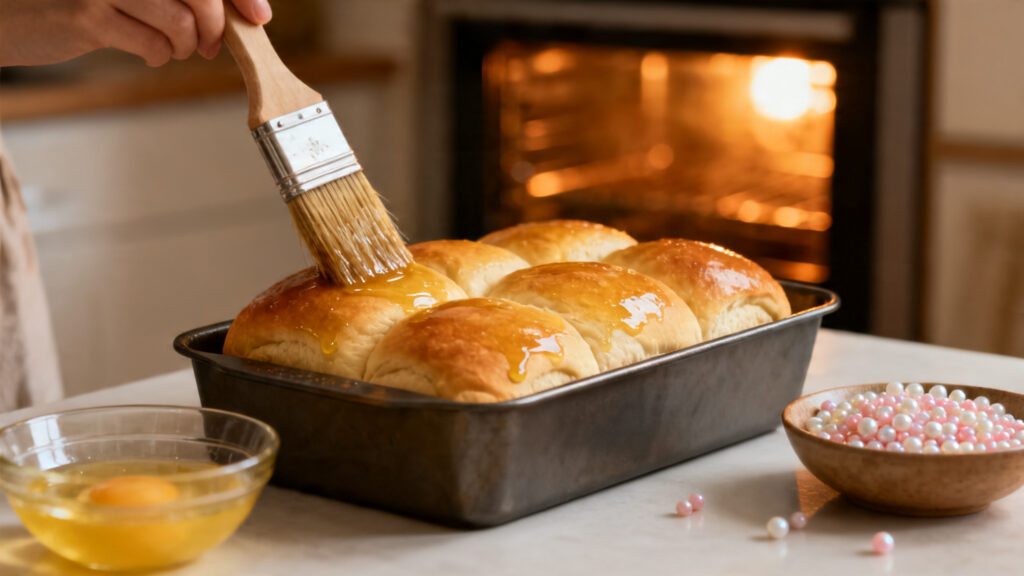 Dorure à l’œuf et sucre perlé sur brioche