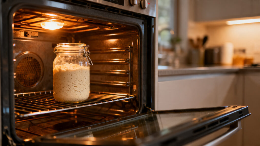 Bocal de levain au chaud, four éteint lumière allumée