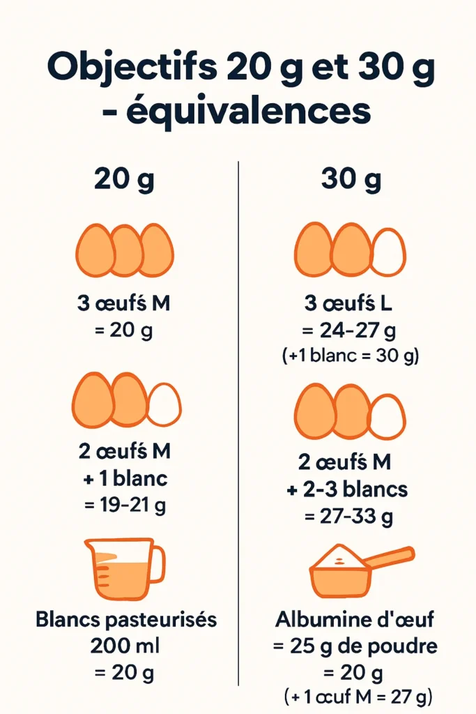 Équivalences pour 20 g et 30 g de protéines avec des œufs