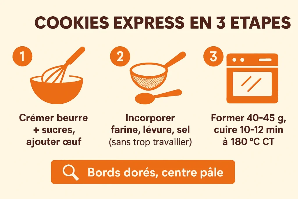 Schéma des 3 étapes des cookies express à 180 °C en 10-12 minutes