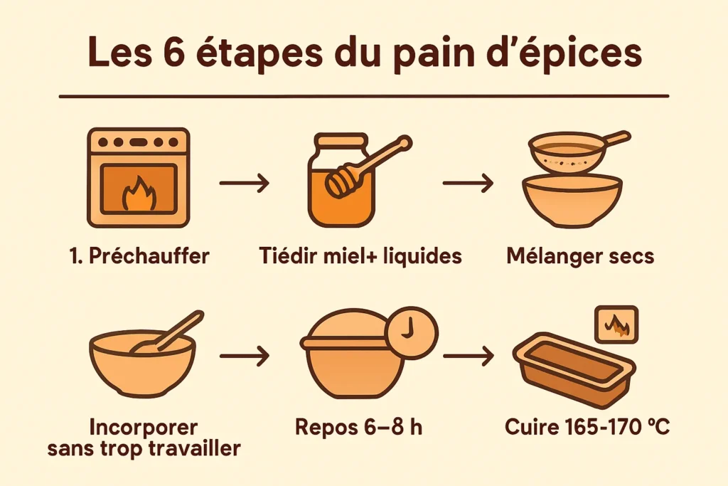 Schéma des étapes de préparation du pain d’épices moelleux