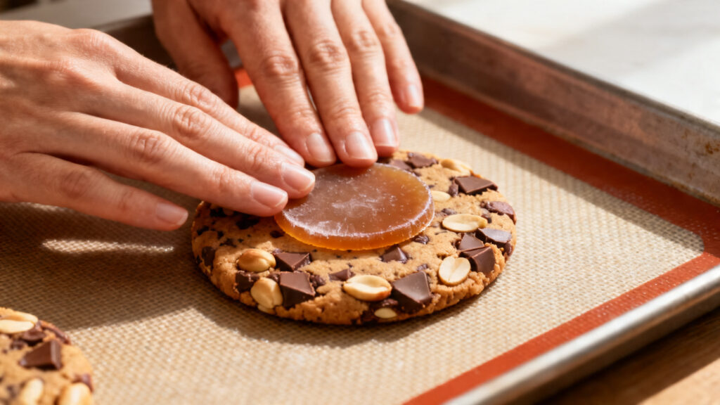 Pastille de caramel congelée insérée au centre de la pâte
