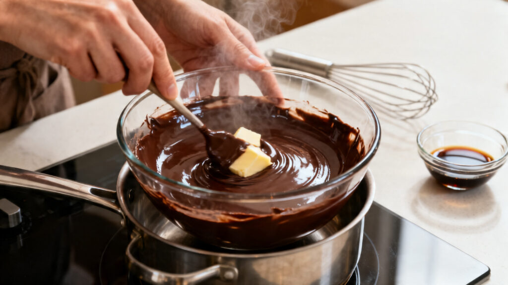 Chocolat et beurre fondus en bain-marie lisse et brillant