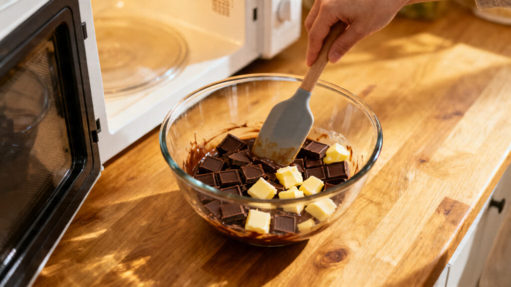 Chocolat et beurre fondus, mélange lisse dans bol en verre