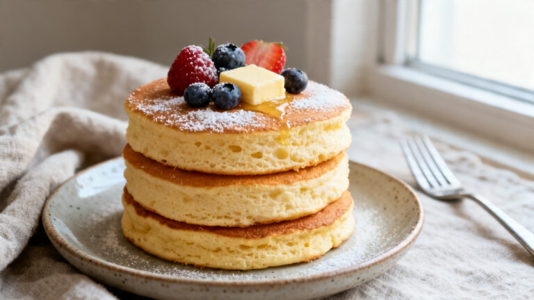 Pile de fluffy pancakes japonais, dorés et aériens