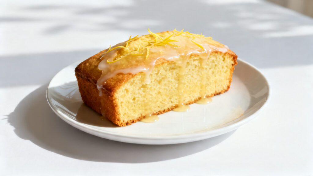 Gâteau au citron imbibé, zeste fin, sucre glace