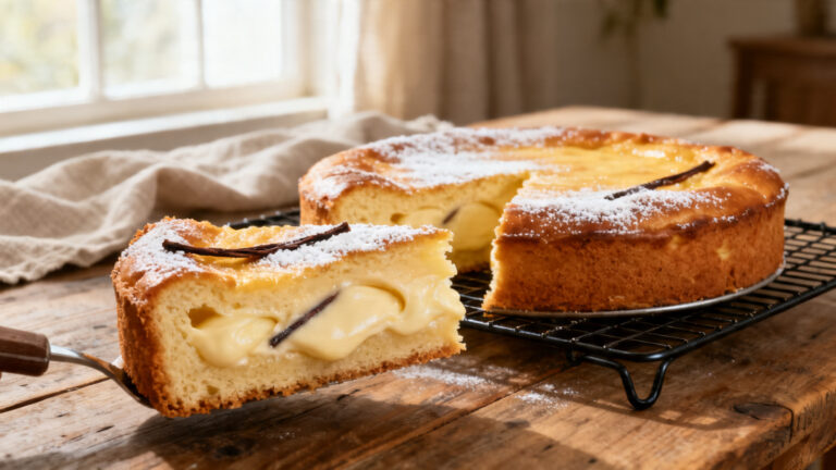Part de gâteau à la crème pâtissière, dorée et vanillée