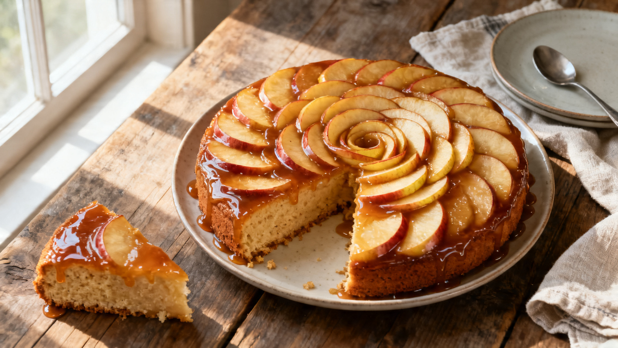 Gâteau aux pommes caramélisées renversé, caramel ambré brillant