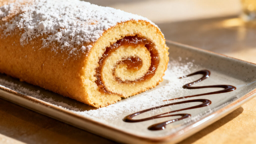 Gâteau roulé à la confiture, spirale nette, sucre glace