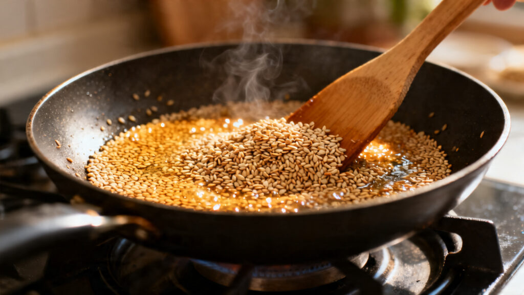 Graines de sésame toastées en poêle, dorées et parfumées